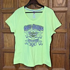 Harley-Davidson T-Shirt Neon Yellow Adult XL Tee Front & Back Graphics Hanes Top